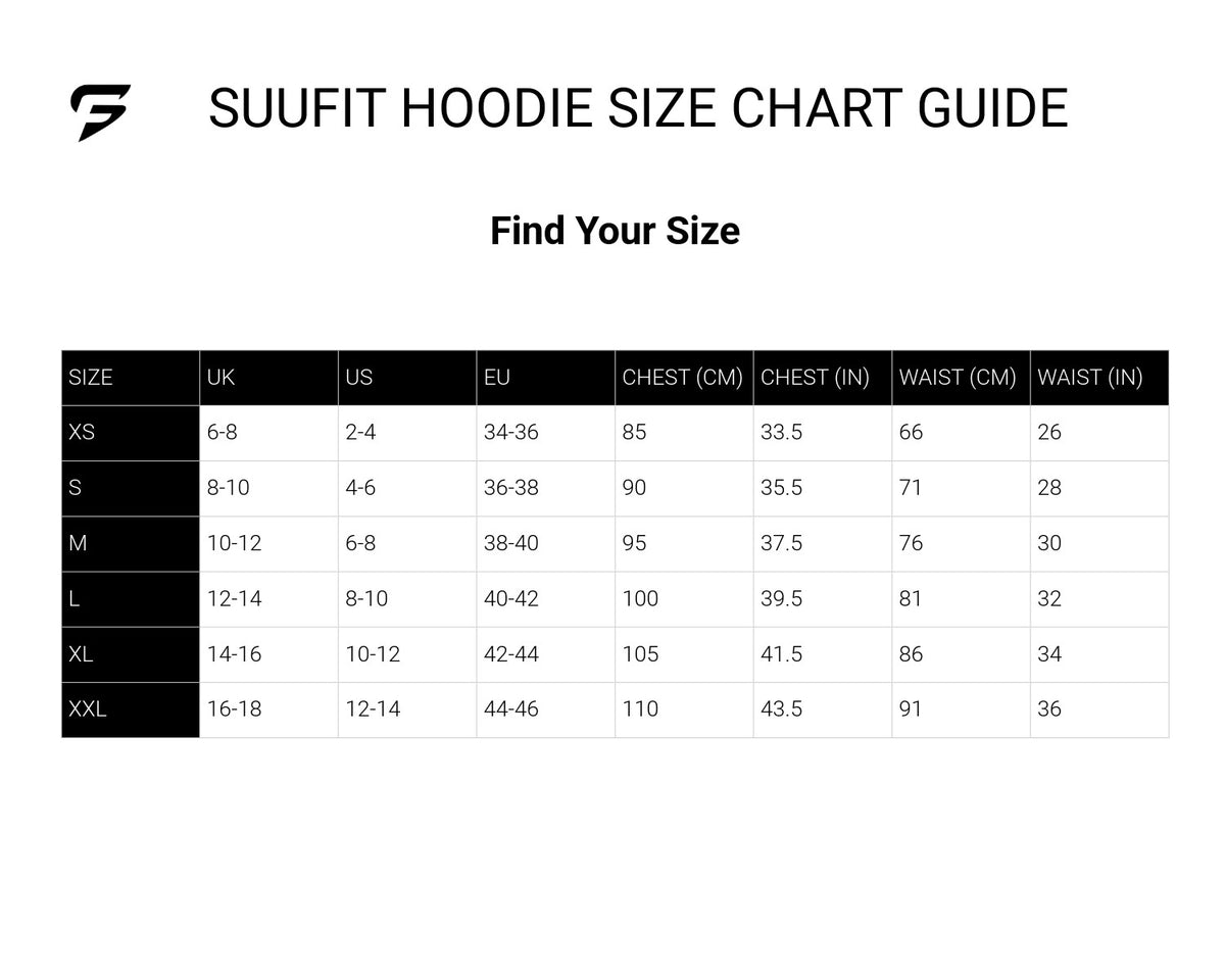 Size guide for UK Shaolin Hoodie