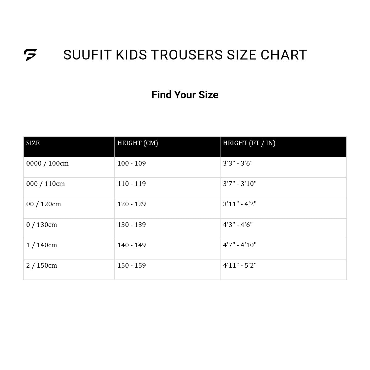 Size guide for Kids Martial Arts Trousers