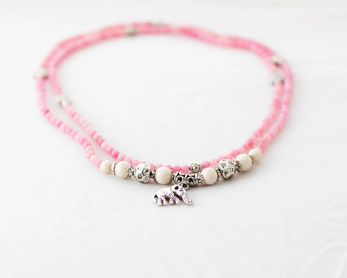 Natural Rose Quartz & Sterling Silver Elephant Bracelet / Necklace