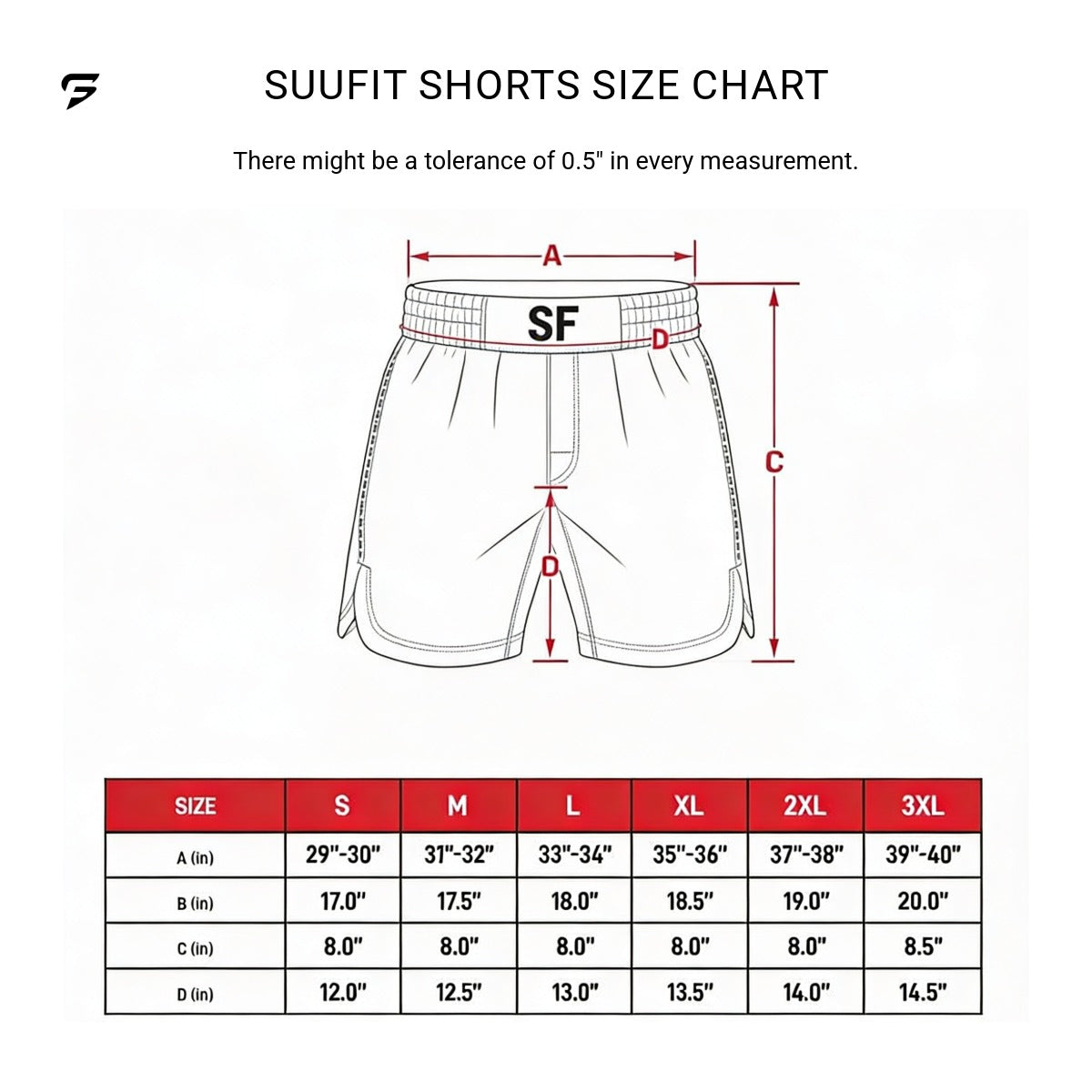 Size guide for MMA Kickboxing Shorts