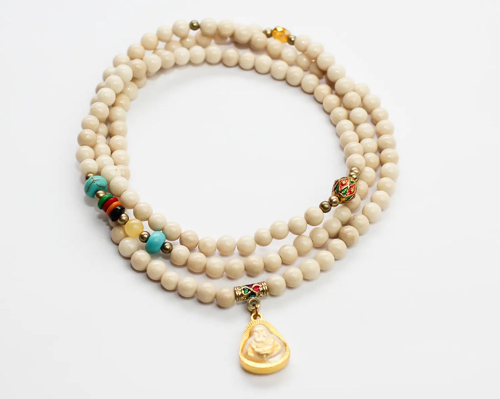 Natural Cream Marble Beads with Gold Buddha Charm Bracelet & Necklace