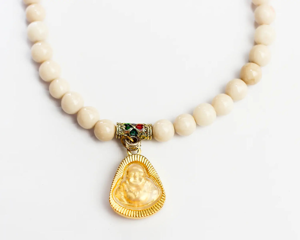 Natural Cream Marble Beads with Gold Buddha Charm Bracelet & Necklace